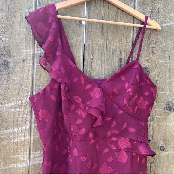 forever be burgundy floral jacquard ruffled maxi dress ASTR the Label | Floris Burnout Floral Maxi Dress in Wine